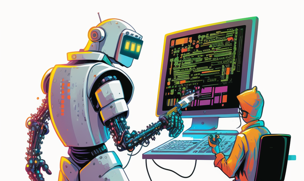 A robot and a human coding together. Image from Midjourney.