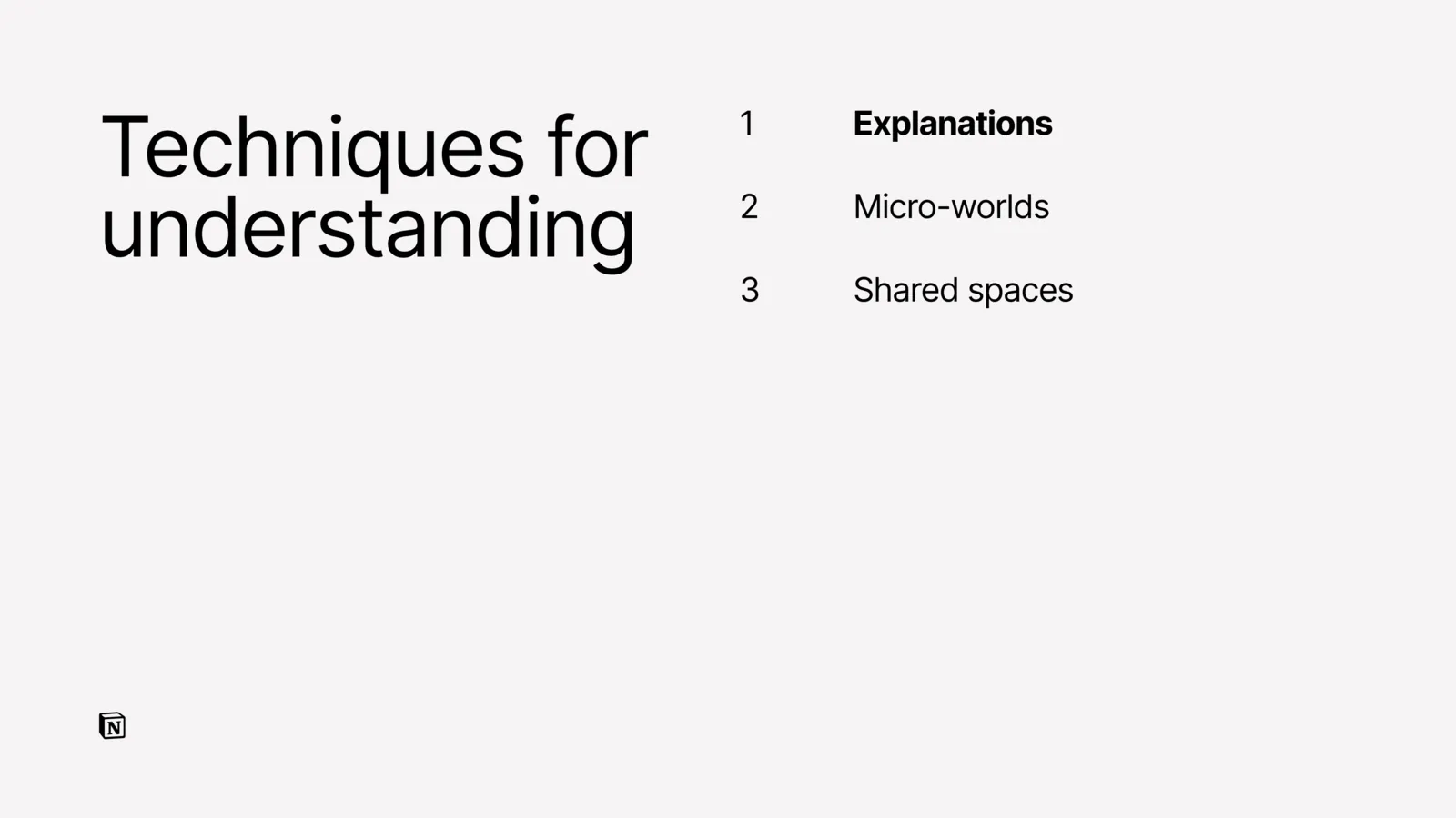 Slide listing three techniques, with 'explanations' highlighted.