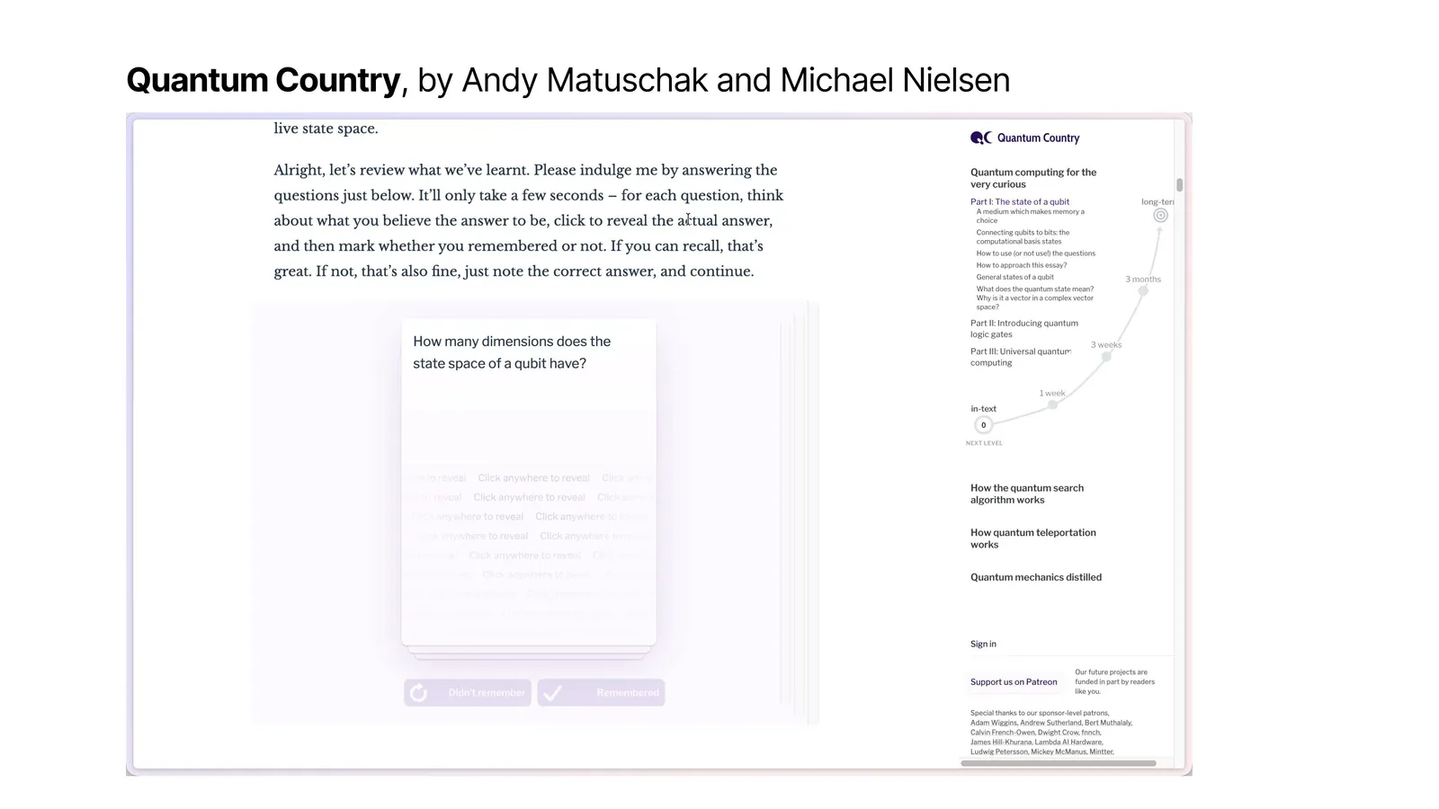 Slide quoting Andy Matuschak: books don't work. Screenshot of Quantum Country.